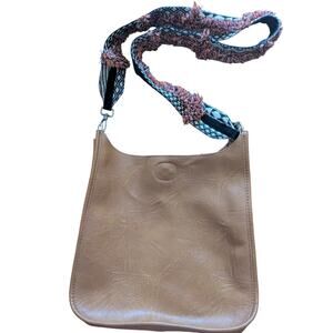 Anthropologie Vegan Brown Leather Purse with Boho Fringe Orange Black Strap EUC